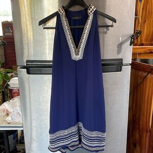 THML Navy w/White & gold Embroidery Halter Dress women S sleeveless‎ knee length